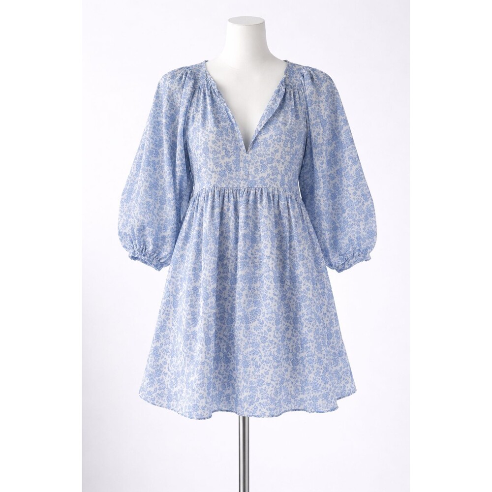 Women's Fanco Blue White Floral 3/4 Puff Sleeve Dress Size L